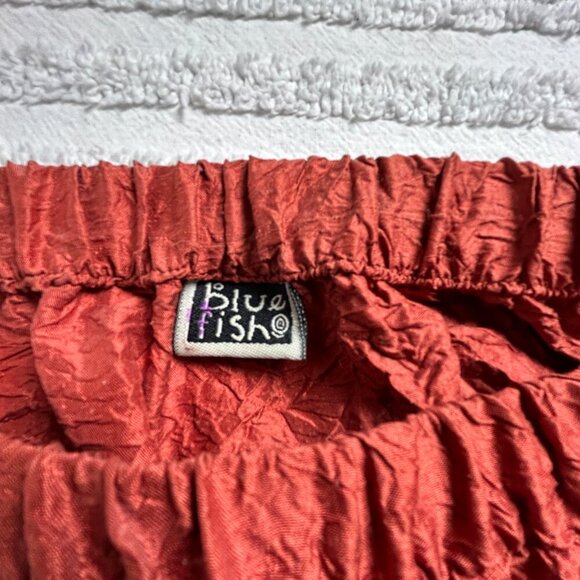 Vintage Blue Fish Shaunting Crushed Silk Skirt Rust Elastic Waist Ruffle - Picture 3 of 8